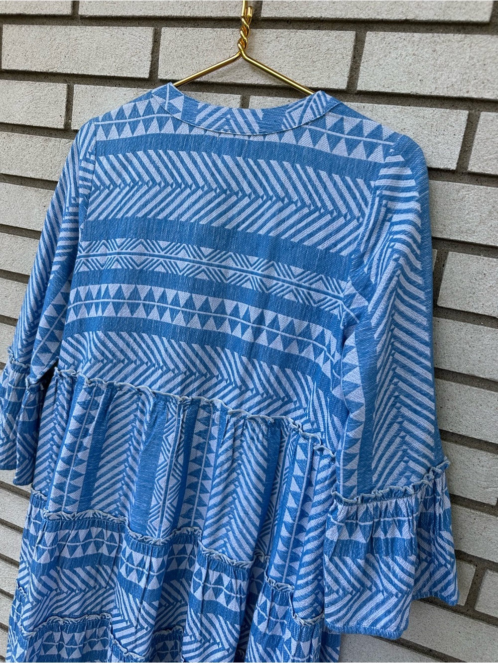 Mud Pie Blue White Geometric Tiered Cotton Dress Boho Beachy Swing S - Picture 11 of 12